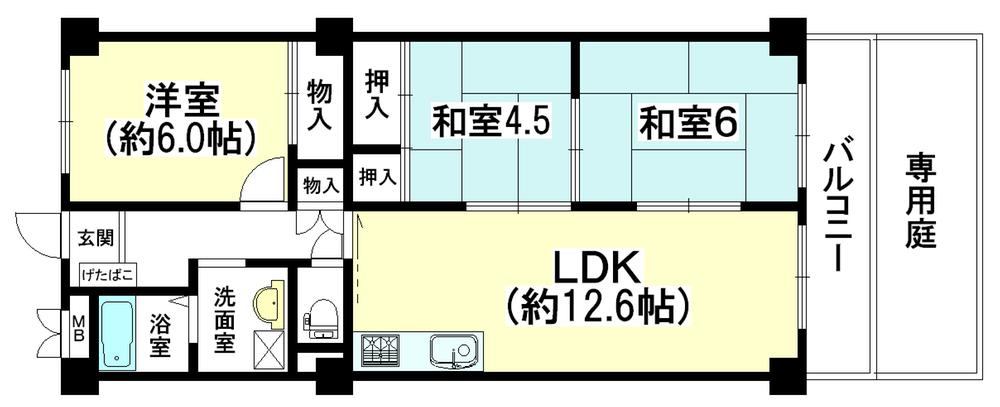 Floor plan. 3LDK, Price 11.8 million yen, Occupied area 66.08 sq m , Balcony area 7.03 sq m   ■ There is a private garden. It is south-facing bright rooms