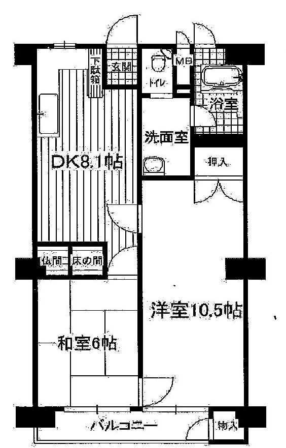 Floor plan. 2DK, Price 7.2 million yen, Occupied area 52.25 sq m , Balcony area 6.6 sq m spacious 10.5 quires of Western-style! Japanese-style room to settle!