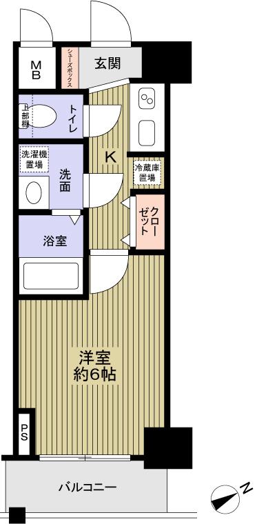 Floor plan. 1K, Price 11.3 million yen, Occupied area 22.23 sq m , Balcony area 3.46 sq m