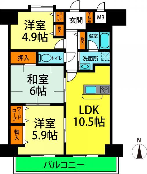 Floor plan. 3LDK, Price 17.8 million yen, Occupied area 61.64 sq m , Balcony area 8.04 sq m