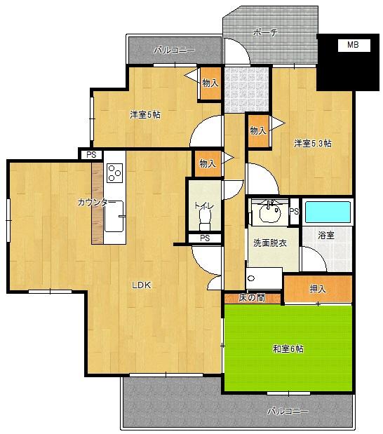Floor plan. 3LDK, Price 23.8 million yen, Occupied area 70.54 sq m , Open on the balcony area 9.96 sq m 3 direction room! Easy-to-use is a good living. Each room is not adjacent, Private property is also a high rating.