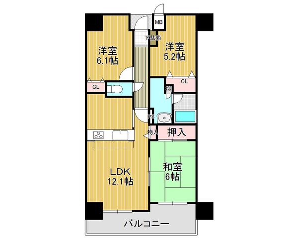 Floor plan. 3LDK, Price 17.8 million yen, Occupied area 64.75 sq m , Spacious living space on the balcony area 8.1 sq m whole room with storage space