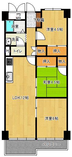 Floor plan. 3LDK, Price 11.8 million yen, Occupied area 60.77 sq m , Is a good floor plan of the balcony area 5.8 sq m usability Facing south in the day preeminent! Pets Allowed! ! (Conditions have) Bathroom vanity, Bath unit bus had made ☆