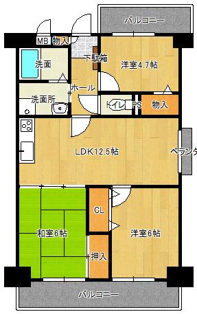 Floor plan. 3LDK, Price 12.4 million yen, Footprint 65.2 sq m , Balcony area is 15.97 sq m south-facing balcony!