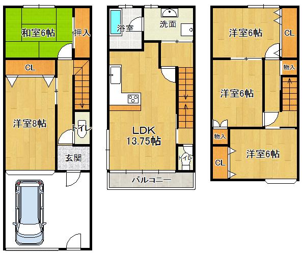 Floor plan. 26.5 million yen, 5LDK, Land area 61.33 sq m , Building area 103.69 sq m spacious 5LDK Rain is also safe in the parking lot with a carport! 