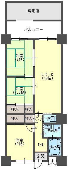 Floor plan. 3LDK, Price 12.4 million yen, Occupied area 66.08 sq m , You can, such as gardening there is also a balcony area 7.03 sq m private garden