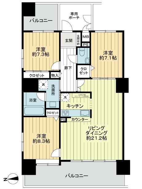 Floor plan. 3LDK, Price 59,800,000 yen, The area occupied 104.2 sq m , Balcony area 25.63 sq m
