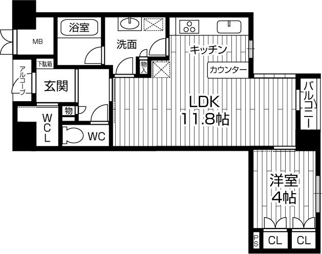 Floor plan. 1LDK, Price 17.8 million yen, Occupied area 42.12 sq m , Balcony area 1.62 sq m