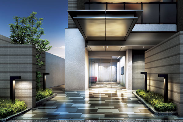 Features of the building.  [entrance] Woven is selected materials, Rich look with a strong presence. Ikaseru so stylish exterior design to the fullest, Different tiles and glass has been adopted the tone and texture (Rendering)