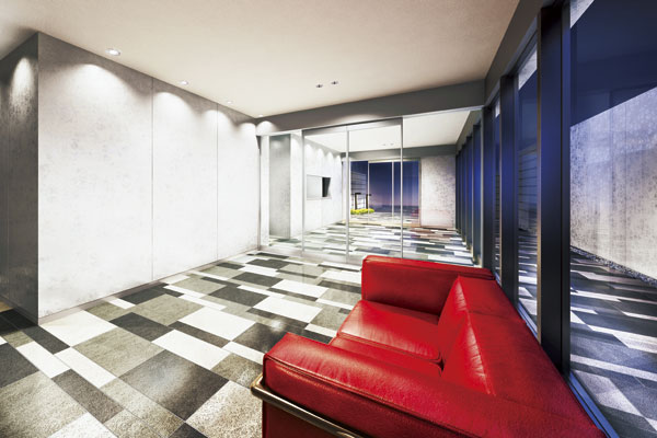 Features of the building.  [Entrance hall] A strong presence with a simple entrance hall. The shadow contrast and sunlight by the monotone of tile weave, It will reflect a sophisticated impression in the modern. Vivid colors of the sofa is accented in space, Gives color to the moments of Yingbin (Rendering)