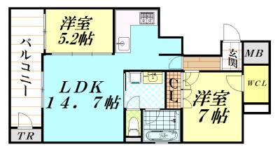 Floor plan. 2LDK, Price 28.5 million yen, Occupied area 68.97 sq m , Balcony area 7.83 sq m