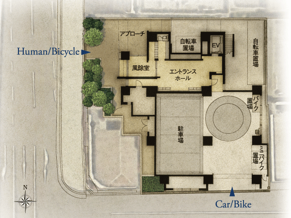 Features of the building.  [Land Plan] Taking advantage of spacious and the Machisuji on was of 2 interview road, including the "quasi-corner lot", Pursuit of independence and comfort of each dwelling unit. Parking is installing the 12 cars in the indoor. It has been adopted is walking vehicle separation friendly design safety (site layout)