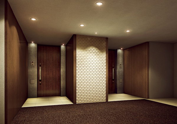 Features of the building.  [Indoor corridor] Approach in the "indoor corridor" from the elevator to each dwelling unit. Unlike outside corridor, Once the remains of the indoor to your home if placed indoors, You can go back to the heart quiet (Rendering)