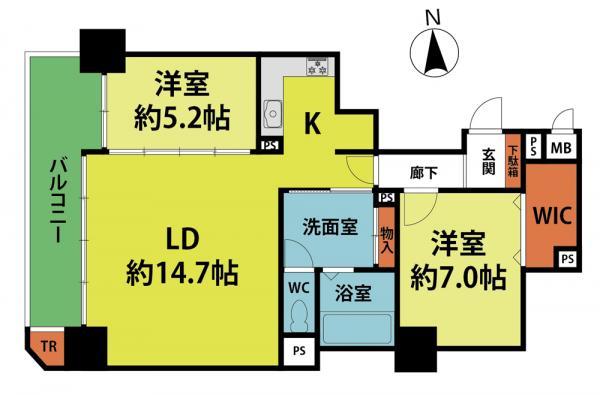 Floor plan. 2LDK, Price 28.5 million yen, Occupied area 68.97 sq m , Balcony area 7.83 sq m