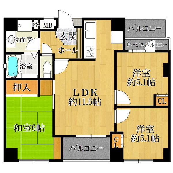 Floor plan. 3LDK, Price 25,800,000 yen, Occupied area 62.49 sq m , Balcony area 5.42 sq m