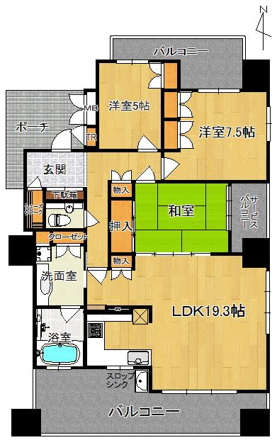 Floor plan. 3LDK, Price 47,800,000 yen, Occupied area 91.36 sq m , Balcony area 28.6 sq m
