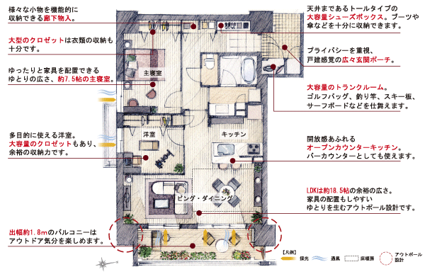 Room and equipment. B (menu 2) type ・ 2LDK ・ Occupied area / 73.18 sq m  ・ Balcony area / 11.34 sq m  ・ Service balcony area / 2.1 sq m  ・ Porch area / 4.4 sq m . An emphasis on privacy, Spacious established the entrance porch of the single-family feeling. Also, Balcony of Dehaba 1.8 sq m, you can enjoy the outdoors mood (floor plan illustrations)