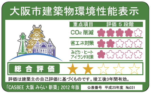 Building structure.  [Osaka City building environmental performance display] By building a comprehensive environment plan that building owners to submit to Osaka, And initiatives degree for the three items, such as reducing CO2 emissions, Overall it has been evaluated in five stages the environmental performance of buildings