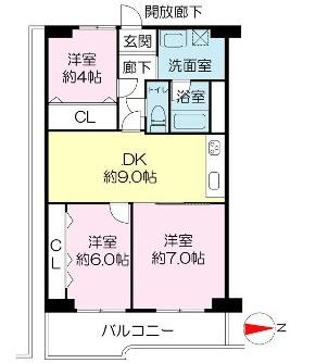 Floor plan. 3DK, Price 14.9 million yen, Footprint 57.6 sq m , Balcony area 8 sq m