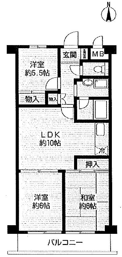 Floor plan. 3LDK, Price 13.8 million yen, Footprint 55.5 sq m , Balcony area 6 sq m