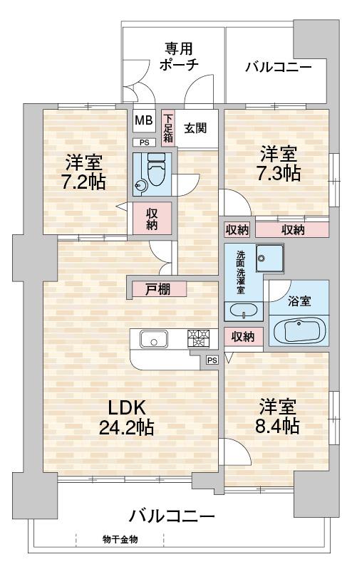 Floor plan. 3LDK, Price 55 million yen, Footprint 104.02 sq m , Balcony area 26.63 sq m