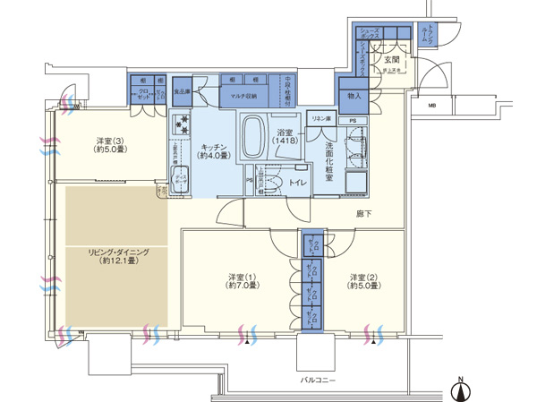 C type floor plan (3LDK / Footprint: 85.87 sq m  / Balcony area: 13.29 sq m)