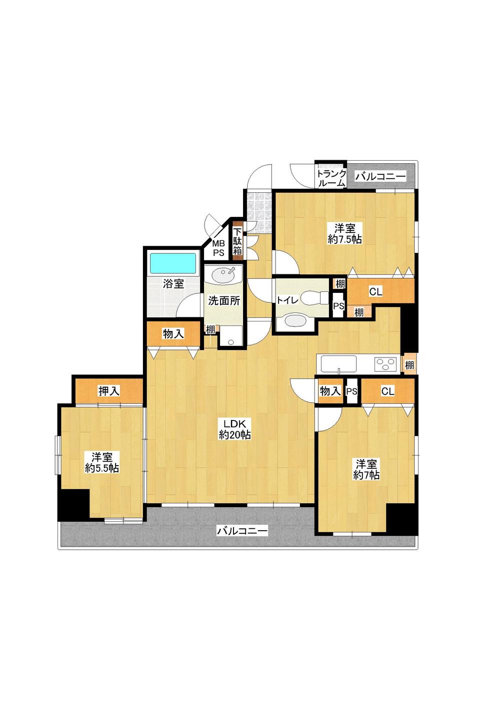 Floor plan. 3LDK, Price 31,400,000 yen, Footprint 86.7 sq m , Balcony area 12.56 sq m