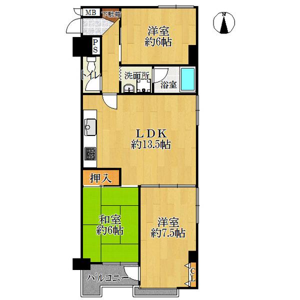 Floor plan. 3LDK, Price 16.8 million yen, Occupied area 69.29 sq m , Balcony area 5.08 sq m