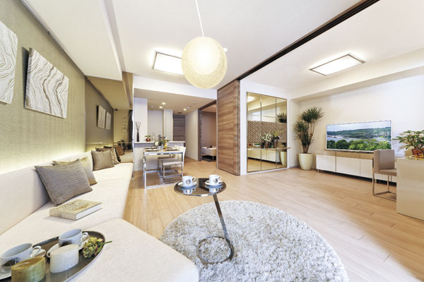 Living.  [living ・ dining] Full of light and airy living room ・ dining. Adopt a gas hot-water floor heating (nook) to expand the natural warmth from the feet. Clean heating that does not make a dust have been standard equipment (B type model room)