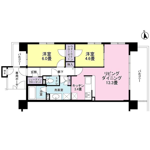 Floor plan. 2LDK, Price 22,800,000 yen, Occupied area 63.07 sq m , Balcony area 14.22 sq m