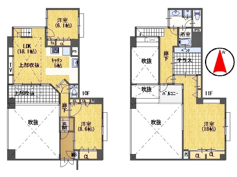 Floor plan. 3LDK, Price 72 million yen, Footprint 133.44 sq m , Balcony area 3.73 sq m 10 ・ 11 floor of the top floor maisonette Fly Bate space that is not in contact with the ground and next to the dwelling unit