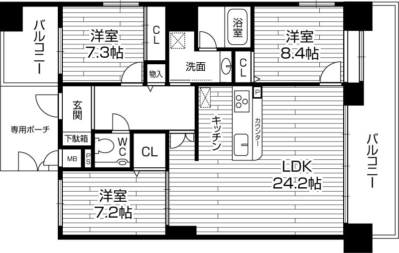 Floor plan. 3LDK, Price 55 million yen, Footprint 104.02 sq m , Balcony area 25.63 sq m