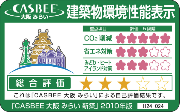 Other.  [Osaka City building environmental performance display system] In the building environment plan that building owners to submit to Osaka, And initiatives degree for the three priority areas of Osaka City, The environmental performance comprehensive evaluation of the building by CASBEE has been evaluated at each stage 5