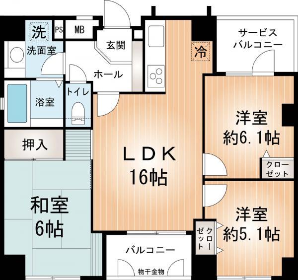 Floor plan. 3LDK, Price 25,800,000 yen, Occupied area 62.49 sq m , Balcony area 5.42 sq m