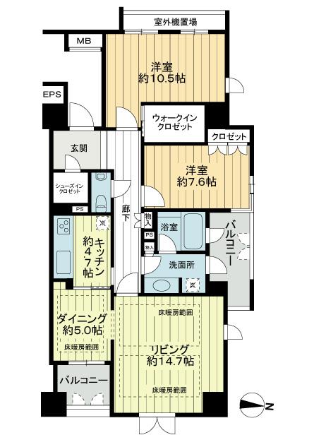 Floor plan. 2LDK, Price 39,800,000 yen, Footprint 103.25 sq m , Balcony area 10.95 sq m