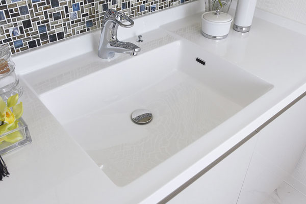Bathing-wash room.  [Bowl-integrated artificial marble counter] Artificial marble of the Square bowl of the three-way rising specifications counter and the bowl has been integrally molded. Excellent in the seam without design, It is easy to clean (same specifications)