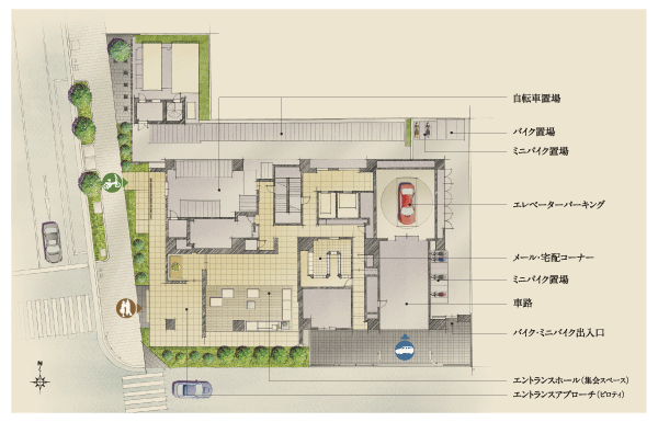 Features of the building.  [Land Plan] South-facing dwelling unit rate of 65%, Corner dwelling unit rate of 56%, Provide a variety of plan variations. Also, Around as much as possible divide the route that the route and the car to and from people and to the building and out to the parking lot, Has been consideration to safety (site layout)