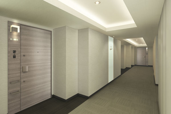 Features of the building.  [Inner hallway] Adopt an inner hallway shared corridor is a hotel-like. Transmitted friendly feel of the floor carpet every time you walk, Also reduces walking sound, Also kept silence. Indirect lighting is decorated with folded on the ceiling, Soft light lit the corridor (Rendering)