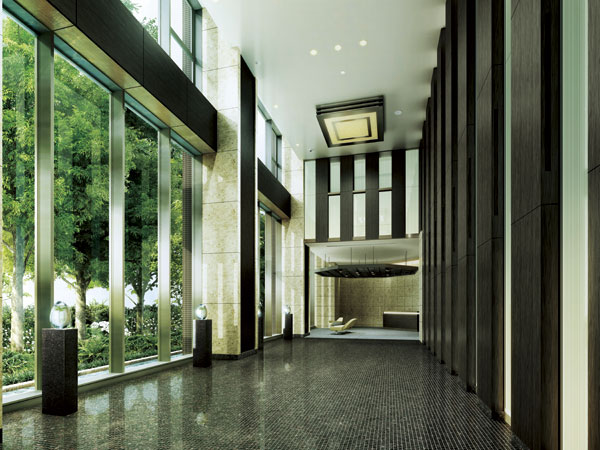 Features of the building.  [Entrance hall] Spread the entrance door there when entering one step, Reception Hall that has been directed at the rich depth and relaxed curtain wall. Outside the window, Water scenery and rich greenery, such as babbling is spread (Rendering)