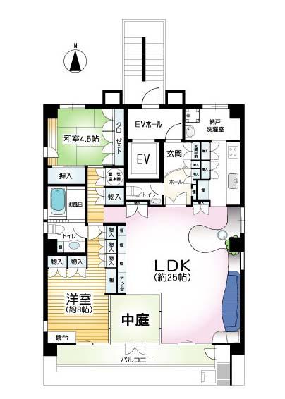 Floor plan. 2LDK, Price 29,800,000 yen, Occupied area 91.53 sq m , Balcony area 14.5 sq m courtyard with about 6.25 square meters