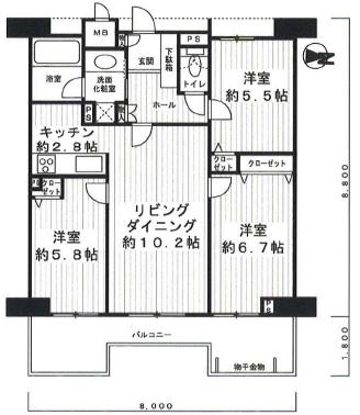 Floor plan. 3LDK, Price 24,300,000 yen, Occupied area 66.55 sq m , Balcony area 11.88 sq m