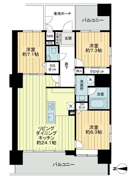 Floor plan. 3LDK, Price 56,800,000 yen, Footprint 104.02 sq m , Balcony area 25.63 sq m