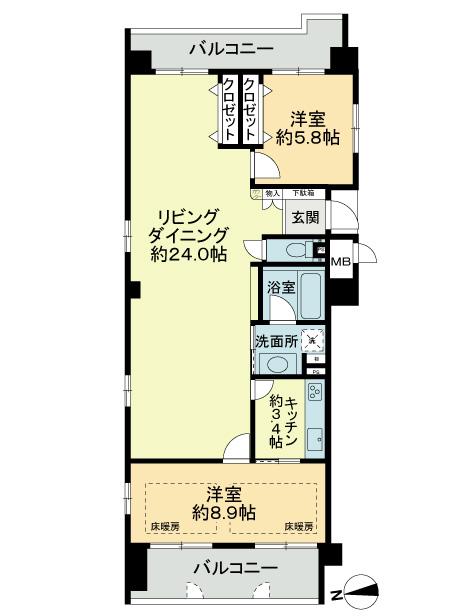 Floor plan. 2LDK, Price 31.5 million yen, Occupied area 84.12 sq m , Balcony area 17.28 sq m