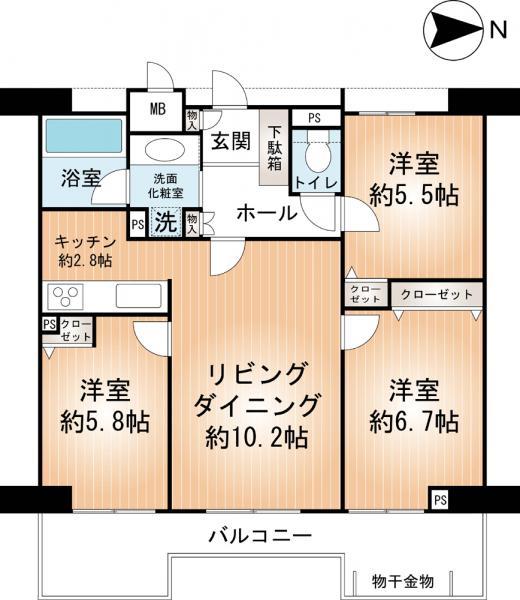 Floor plan. 3LDK, Price 24,300,000 yen, Occupied area 66.55 sq m , Balcony area 11.88 sq m