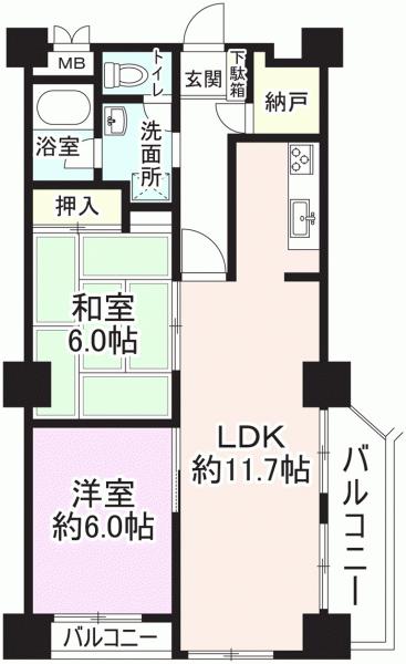 Floor plan. 2LDK, Price 16.8 million yen, Occupied area 61.09 sq m , Balcony area 7.58 sq m