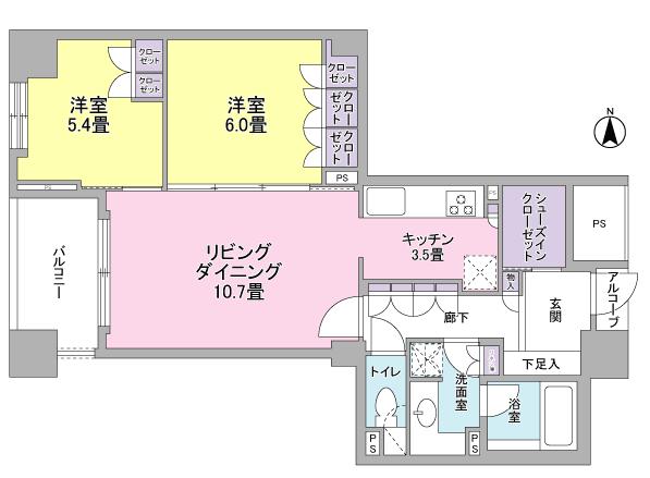 Floor plan. 2LDK, Price 23.8 million yen, Occupied area 64.39 sq m , 2LD of balcony area 5.76 sq m with shoe closet ・ K type