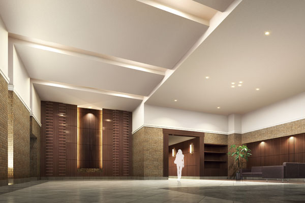 Features of the building.  [Entrance hall] The greet those who live in, Ceiling height 4m more than, 2-layer blow-open entrance hall of. On the wall of the atrium is, Installing a curtain wall. By to have an external and visual continuity, It creates a more open feeling (Rendering)