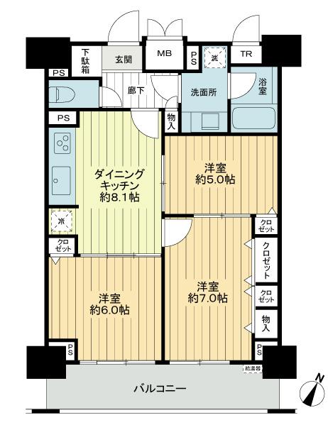 Floor plan. 3DK, Price 31,800,000 yen, Occupied area 61.76 sq m , Balcony area 10.54 sq m