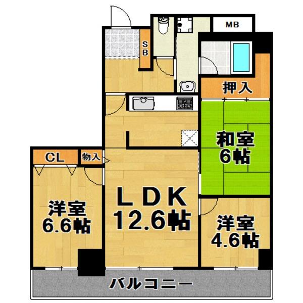Floor plan. 3LDK, Price 26,800,000 yen, Occupied area 65.95 sq m , Balcony area 12.62 sq m 3LDK