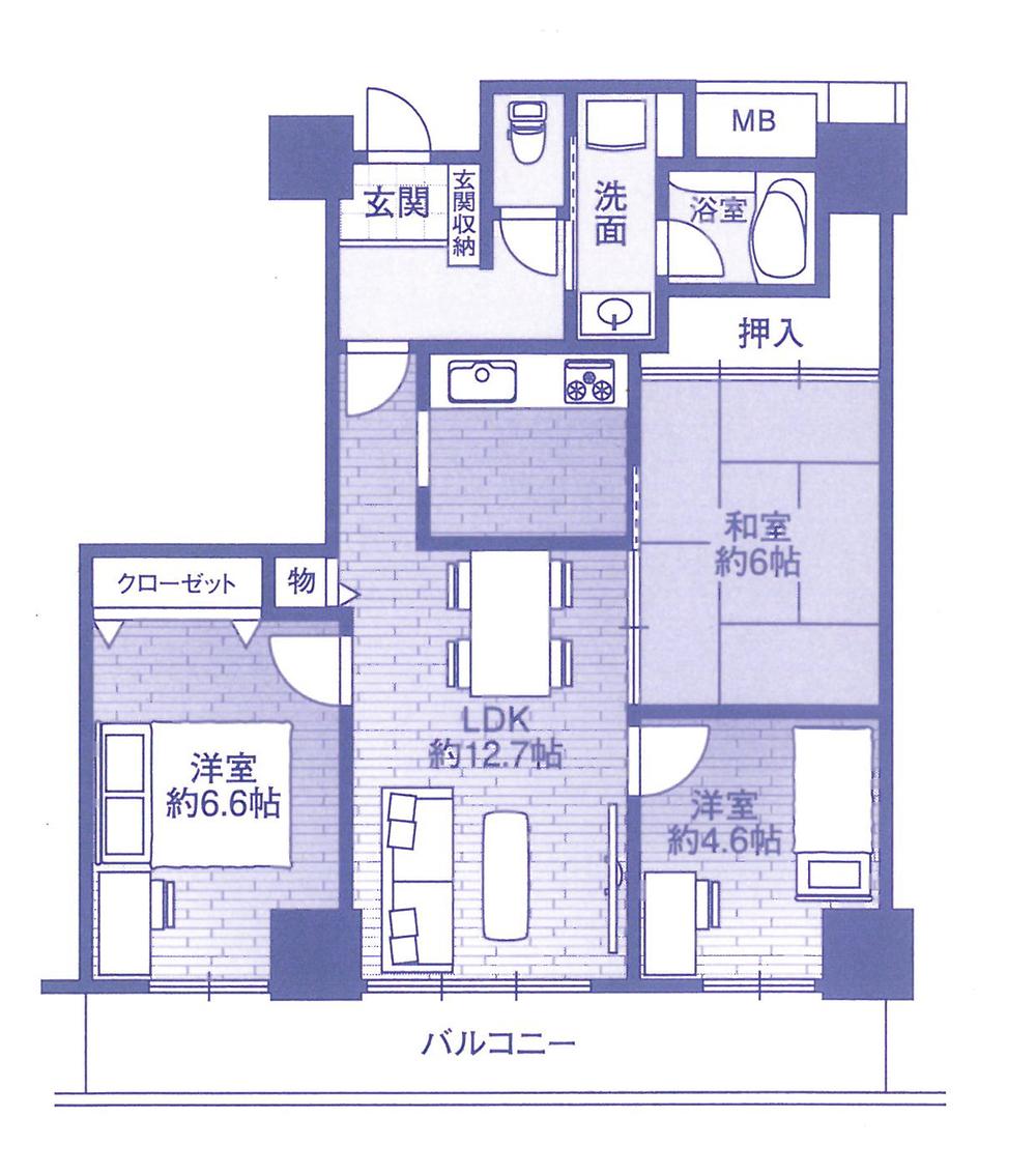 Floor plan. 2LDK, Price 26,800,000 yen, Occupied area 65.95 sq m , Balcony area 12.62 sq m southeast 3LDK Because each room except Japanese-style room is southeast Day is good